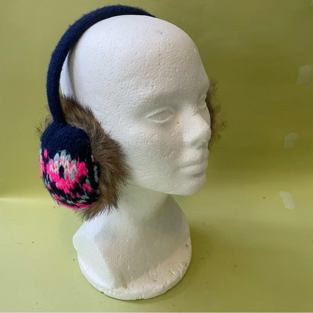 Multicolored acrylic/faux fur knitted earmuffs